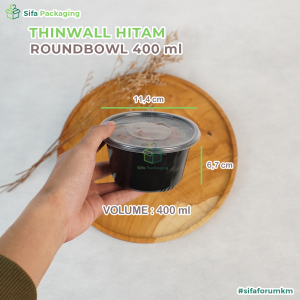 Thinwall Mangkok Bulat + Tutup 200ml 400ml   Round Bowl Hitam Wadah Plastik Tempat Kue Snack Food Container Mangkuk Bubur Baso isi 25 pcs