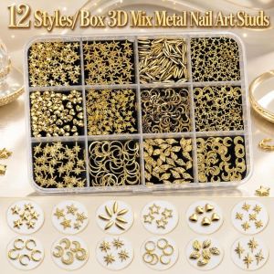 FXUP 3D Đinh tán trang trí móng tay bằng  loại nhiều màu 12 hình dạng/hộp Chủ đề đại dương Đá trang trí móng tay Phổ biến Vàng Bạc Phụ kiện trang trí móng tay tự làm Người lớn thanh thiếu niên