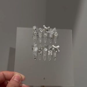 [SG Stock] Handmade Press On Nails Long Stiletto Luxury Diamond Glitter Ins Fake Nails Kit 10pcs XS S M
