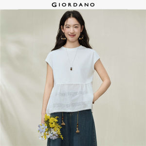 Giordano Women Knit Lace Hem Round Neck Short Sleeve T-Shirt with Flutter Sleeves - Stylish & Durable Free Shipping 18326704