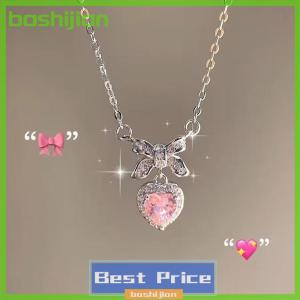 bashijian Zircon Bowknot Heart Pendant Necklaces Pink Heart Ladies Girls Fashion Elegant Clavicle Chain For Women Jewelry