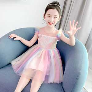 Kids Rainbow Sleeveless A-line Princess Dress For Girls