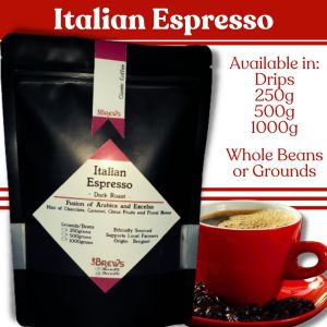 3Brews Italian Espresso Dark Roasted Grounds and Whole Beans Coffee for Brewing Available in Drips 250g 500g 1000g