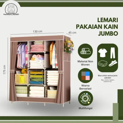 Lemari Pakaian Kain Portable Jumbo 88130 Kerangka Besi ada Resleting