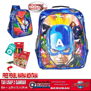 TAS RANSEL SEQUIN / USAP 2 GAMBAR KARAKTER CAPT. AMERICA - ULTRAMAN ANAK SEKOLAH TK / SD (BISA COD)