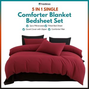 Hodeso 5 in 1 Bedsheet Comforter Set Single Size with Duvet Cover Thick Comforter Blanket Garterized Fitted Sheet Pillowcases