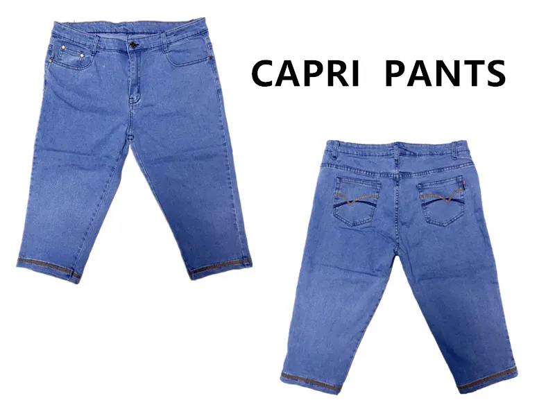 MEMORY Big size classic denim light blue stretchable high waist capri pants  plus size pants 3558#