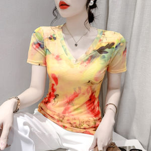 Yimei Áo thun nữ dáng rộng mỏng và xinh đẹp Áo phông in hình cổ tròn tay ngắn áo lưới hoa Định vị thời trang mùa hè 2023 cho nữ