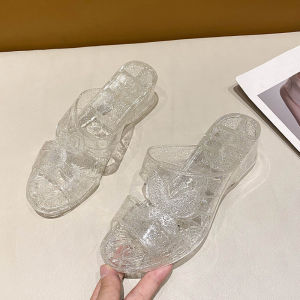 Free Shipping Crystal Plastic Slippers For Women Summer Fashion Outdoor Beach Jelly Shoes Non-Slip Wedge Heel Thick Sole Wear-Resistant Casual Mom Shoes