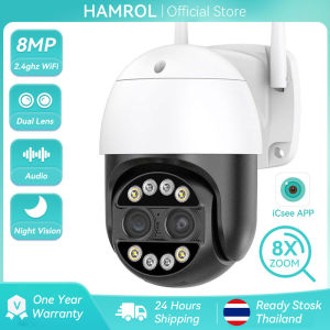 Hamrol 8MP 4K Dual-Lens 8X Zoom PTZ IP Camera WiFi Camera Color Night Vision Two Way Audio Outdoor CCTV Camera Connect to Cellphone