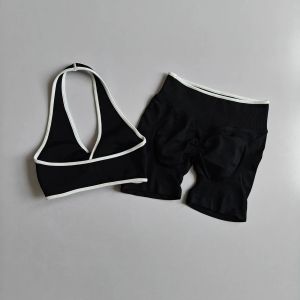 Trendy Color Block Halter Sports Bra Seamless High Waist Butt Lift Shorts 2Pcs Women Yoga Fitness Workout Tracksuit2026