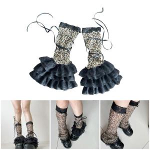 Nhật Bản Phong Cách Leopard Tất ống chân Với dây buộc điều chỉnh được Cho Phụ Nữ Punk diềm Xếp Nếp tầng Ren Làm ấm chân Bao Gồm Vớ