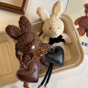 1pcs Cute Cartoon Leather Heart Pendant Plush Ear Bunny Bag Charm Plush Animal Keychain Soft Stuffed Doll Toy Key Ring Kid Gift