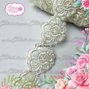 (Per Meter) RDT305 Renda Bordir Tile Broken White Benang Gold   Lebar 7Cm