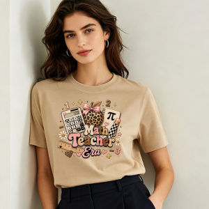 [Local Stock] HBESTY  Math Teacher Era Leopard Apple Calculator Pi Women Cotton T Shirt Math Educator Preppy Cartoon Niche Fun Casual Tee