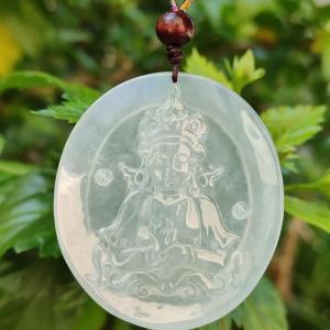 Very Rare High Translucent Icy Natural Type A Jadeite Pendant carved with Guanyin symbolizes compassion mercy healing protection purity enlightenment harmony balance and the feminine divine certificate weigh 19.62 g 52.8 * 46.6 * 5 mm (pendant78)