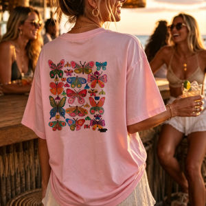 [Local Stock] HBESTY  Colorful Butterfly Pattern Crew Neck Short Sleeve Relaxed Fit Pink Top Goth Women Clothes Graphic T Shirts High Quality Cotton