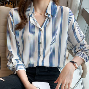 AFEG new Korean style long-sleeved striped chiffon casual shirt for women