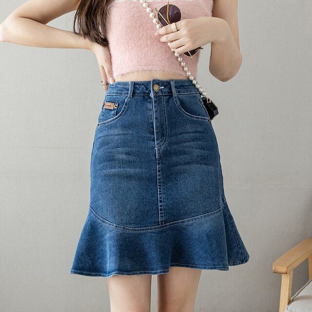 Summer Denim Skirt For Women High Waist Midi Length Mermaid