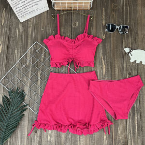 ชุดว่ายน้ําบิกินี่ บรา แบบผูกเชือก และกางเกงชั้นใน ยืดหยุ่น และกระโปรง แฟชั่นฤดูร้อน สําหรับผู้หญิง 3 ชิ้น 770013
