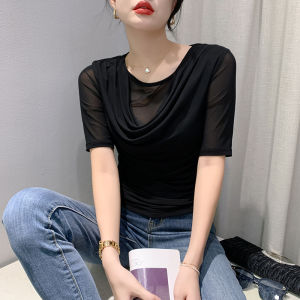 Yimei Áo Thun Cổ đong đưa ôm vừa áo lưới 2023 cổ tròn mùa hè Áo sơ mi mặc trong tay lỡ hợp thời trang nữ
