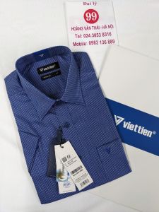 [Việt Tiến Sale] Sơ Mi Ngắn Tay - Regular (Suông) - Vạt bằng - Màu xanh navy chấm trắng