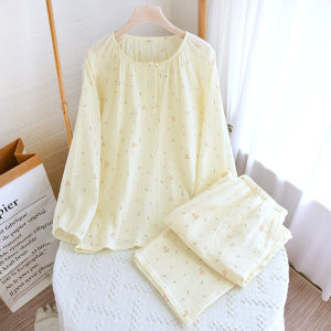 Womens pajamas spring and autumn 100% Class A pure cotton crepe round neck long-sleeved trousers cover loose plus size loungewear