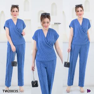 TW20035 set 2 ชิ้น #สาวอวบ เซทเสื้ออกไขว้ คอถ่วง + กางเกงขายาว ทรงกระบอก ..
