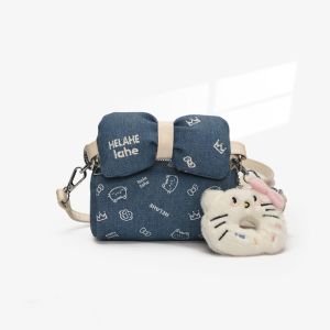 SOTOP การพิมพ์ลาย กระเป๋าสะพายคาดตัวแมวคิตตี้ สไตล์เกาหลีแบบ การ์ตูนลายการ์ตูน กระเป๋า Hobo ผ้ายีนส์ แบบพกพาได้ กระเป๋าแมสเซนเจอร์ กระเป๋าถือหมอน KT การเดินทางการเดินทาง