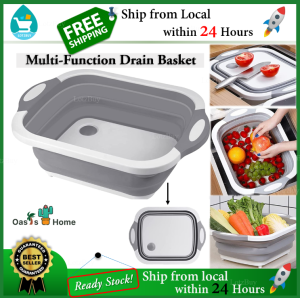 【Ready Stock】Oasis Home 3-in-1 Foldable Chopping Board Multi-Function Extendable/Adjustable 2-in-1 Drain Basket with Draining Plug For Washing Fruit/Vegetable Kitchen Portable Plastic Silicone Basin LotzBuy
