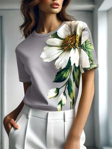 [Local Stock] ZEEMIN Floral White Flower 3D Print Womens T-Shirts Casual O-Neck Short Sleeve T Shirt Harajuku Top Oversized Y2k Tees Female Clothing