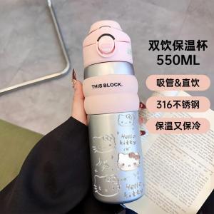 Christmas Gift Halloween Sanrio Sus316 550Ml Double Drinking Mouth Thermal Cup Kawaii Hello Kitty Comic Fashion Student Straw Vehicle Motion Water Cup