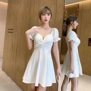 IELGY waist slim temperament square neck puff sleeve dress for women
