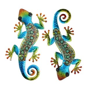 Metal Gecko Wall Decoration Lizard Garden Art Hanging Glass Sculpture Indoor and Outdoor Terrace Fence 3 Color 2 Pcs