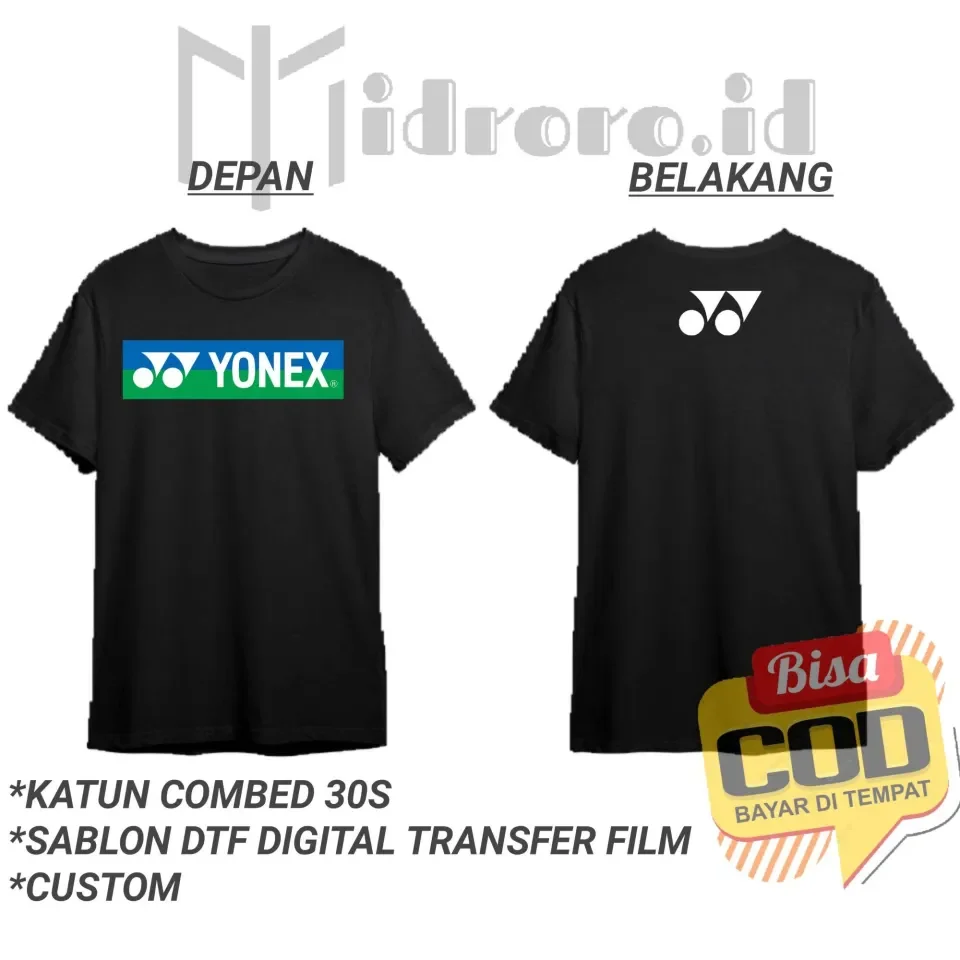 kaos distro badminton Yonex keren bisa custom gambar nama warna hitam  lengan pendek katun combed 30s