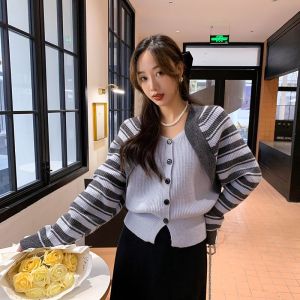 Retro Sweater Atasan Wanita Bergaris New Style Korean Jahitan V-neck Rajutan Kardigan Lengan Panjang Sweter