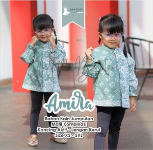 AMIRA Atasan Baju Anak Perempuan Sekolah Paud TK SD Full Kancing Motif Batik Kombinasi Hijau