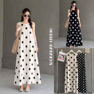 [BANGKOK DRESS] Premium Polka Dot Sleeveless Maxi Dress Loose Linen A-Line Long Dress For Women Casual Summer Outfit