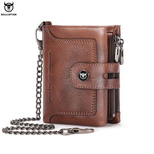 BULLCAPTAIN Men’s Genuine Leather Wallet Retro Business Style Snap Closure RFID Anti-Theft Zipper Multi-Card Wallet Coin Purse.