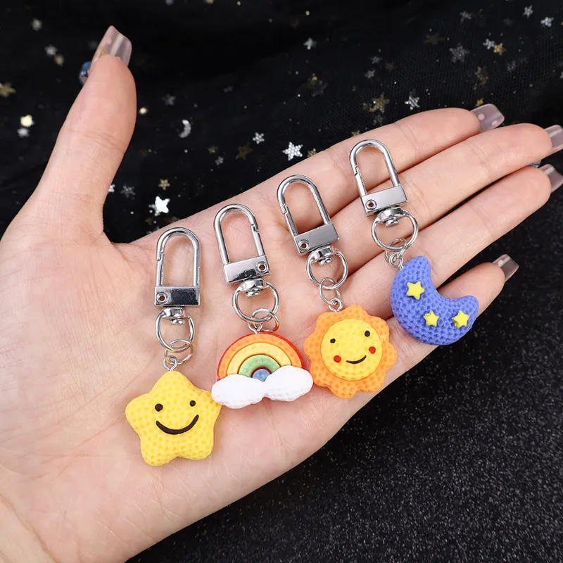 1/4Pcs Cute Resin Rainbow Sun Star Moon Face Keychain Keyring for
