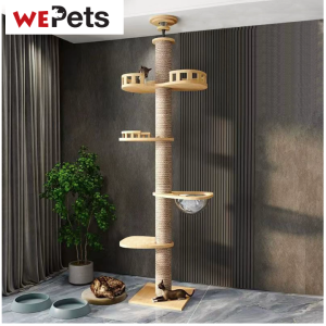 4 Tier Cat condo ceiling scratcher house pinewood cat tree ceiling pole