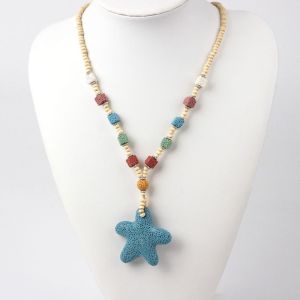 SWEET Adjustable Beaded Pendant Necklace Long Chain Colorful Starfish Clavicle Chain Heart Pendant Handmade Volcanic Rock Necklace Summer Wear