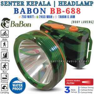 Senter Kepala Super Terang BABON BB-688 LED 200 Watt | Headlamp 200W Babon BB-688 Anti Air Cahaya Putih Baterai Lithium 2400 mAh Bisa DI Cas Isi Ulang Tahan Hingga 8 Jam | Gallery Audio