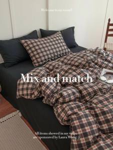 Vintage Plaid Simple Nordic Style Washed Cotton Bedding Set Quilt Cover Mixed Bed Sheet Student Dormitory Three-Piece Set LZD