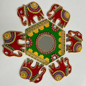 Handcrafted Acrylic Elephant Design Rangoli | Reusable 7-Piece Set with Studded Stones | Festive & Diwali Décor (8 Inches)