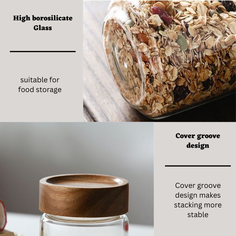 Tarro de vidrio con tapa de madera, recipiente hermético para especias y alimentos secos._voghion.com