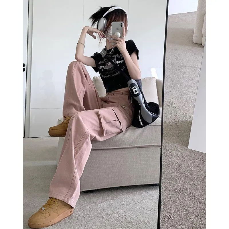 Women Cargo Pants Wide Leg Pockets Spring Autumn Fashion Casual Straight  Loose Jogger Pants Gothic Punk Streetwear Black Pink Brown