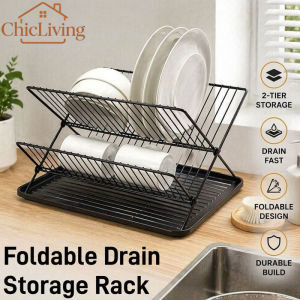 ChicLiving Foldable Dish Drainer Rack Double Layer X Shape Carbon Steel With Water Tray Rak Pinggan Mangkuk