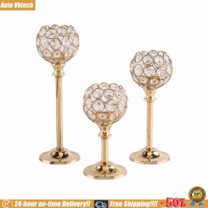[Auto Vktech] Set of 3 Tall Votive Candlestick Holders Gold Candle Holders Crystal Candlestick Holders for Wedding Party Christmas Table Decoration