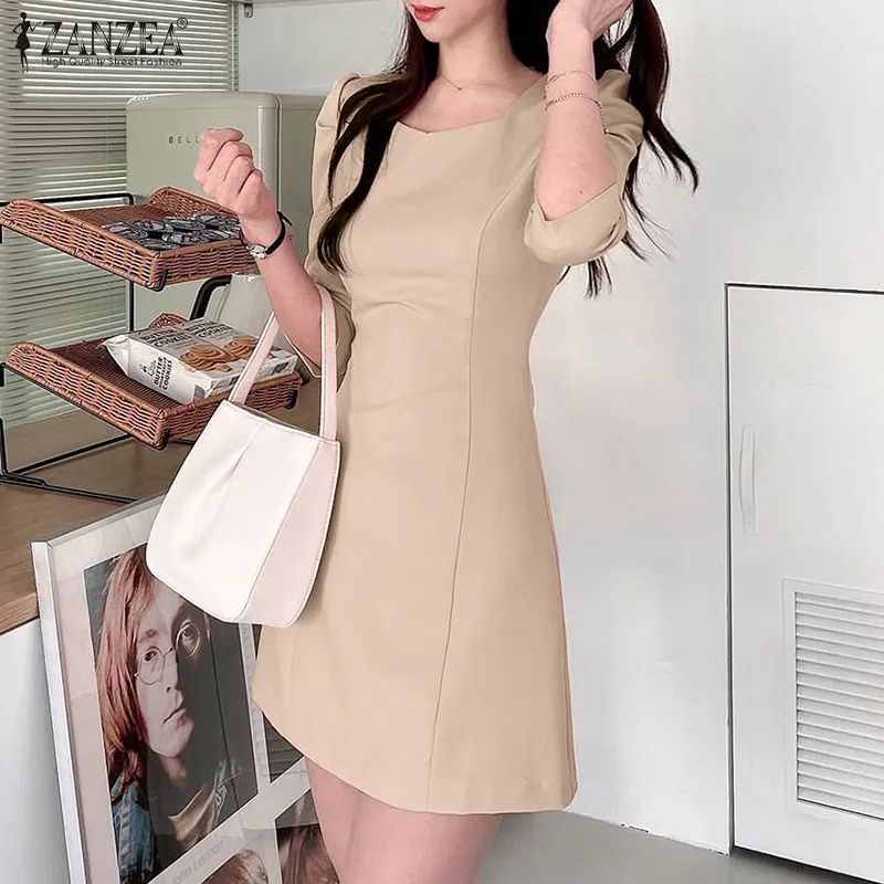 Clearance Sale】MOMONACO ZANZEA Korean Style Women's Dresses Fashion Party  Square Neck Half Sleeve Solid Wrap Dress #11